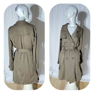 Vintage Khaki Green Military Style Thin Duster Trench Coat Dress